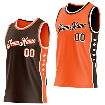 Custom Reversible Brown White-Orange Double Side Star Sublimation Basketball Set Jersey