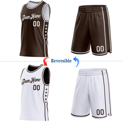 Custom Reversible Brown White Double Side Star Sublimation Basketball Set Jersey