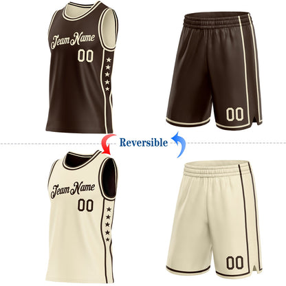 Custom Reversible Brown Cream Double Side Star Sublimation Basketball Set Jersey