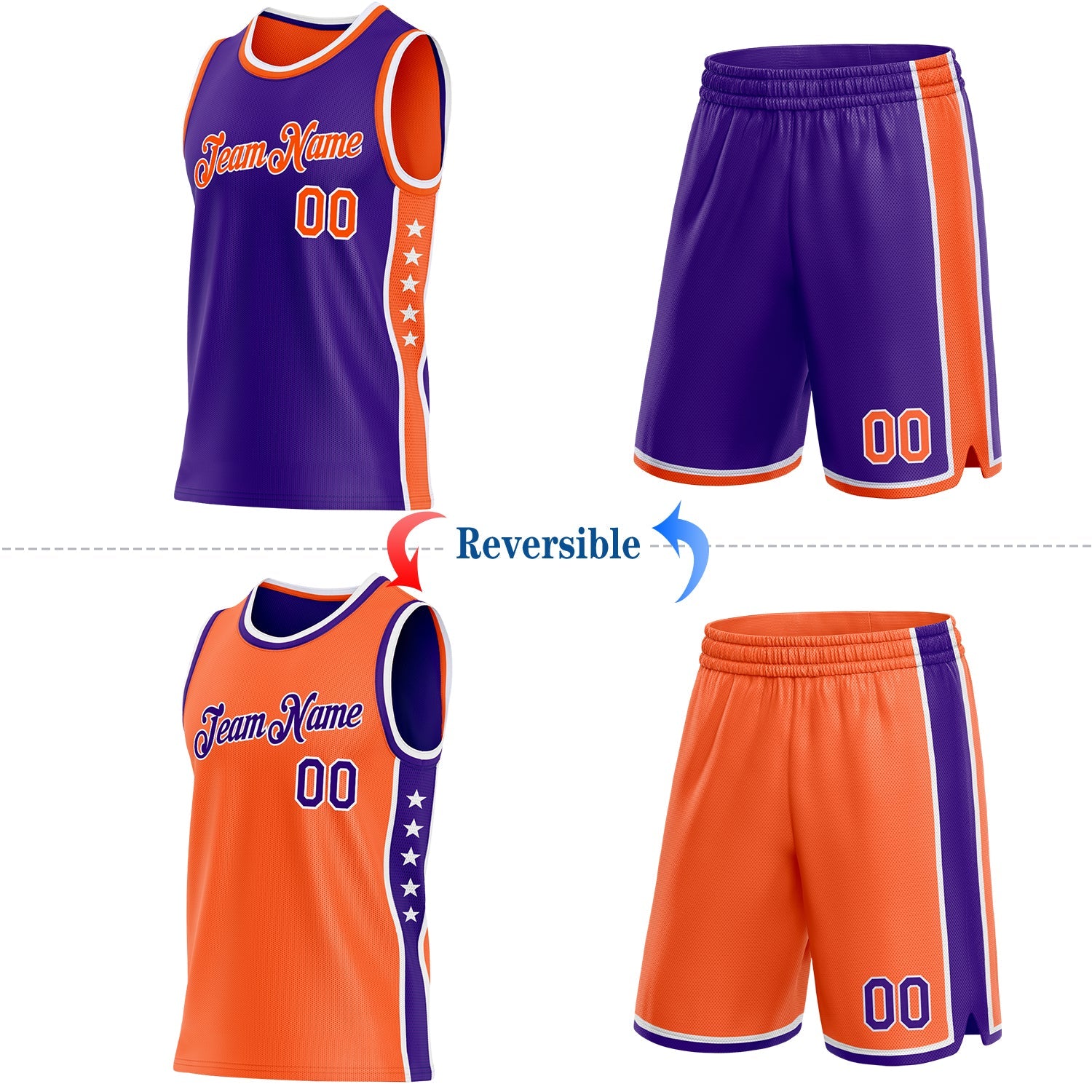 Custom Reversible Purple Orange-White Double Side Star Sublimation Basketball Set Jersey