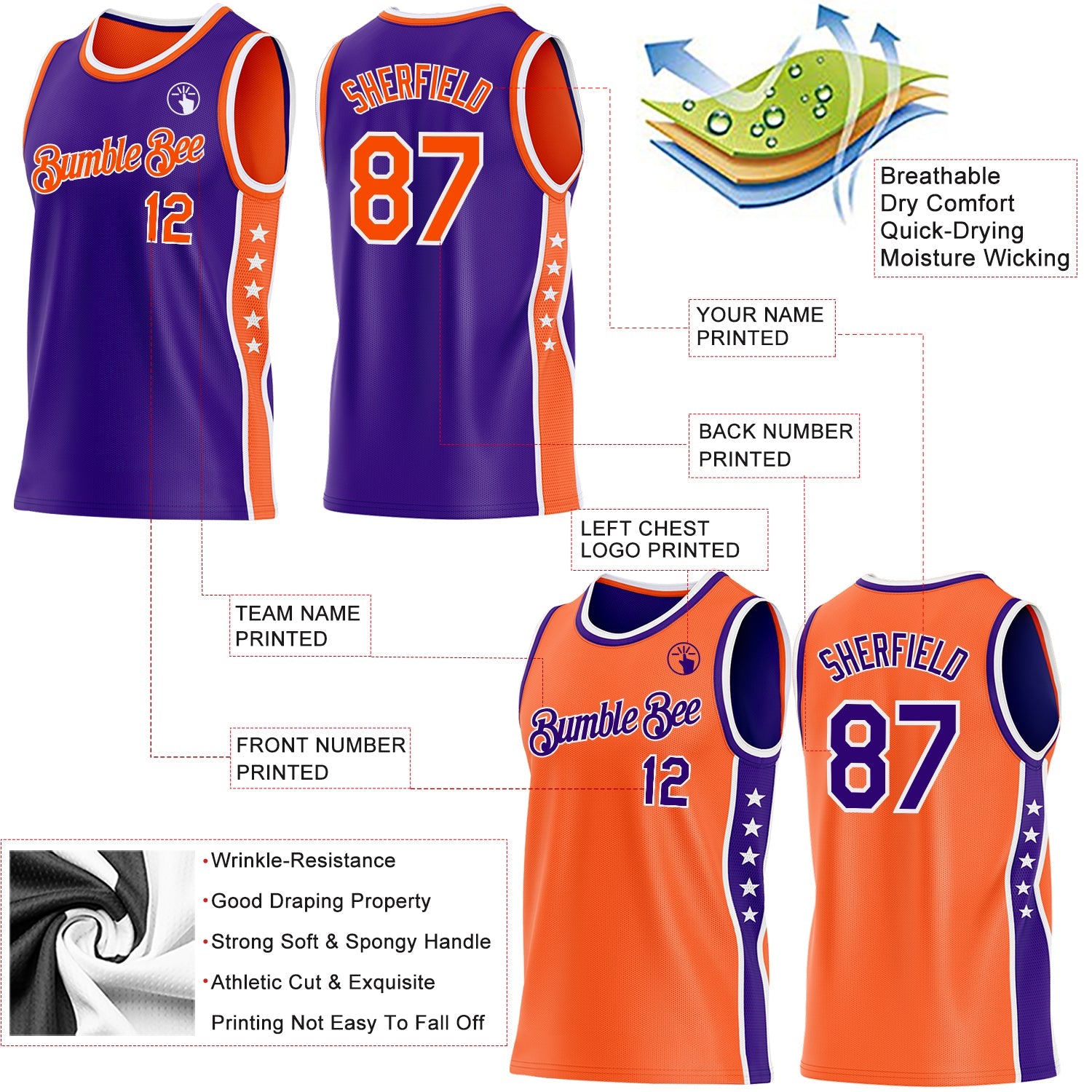 Custom Reversible Purple Orange-White Double Side Star Sublimation Basketball Set Jersey