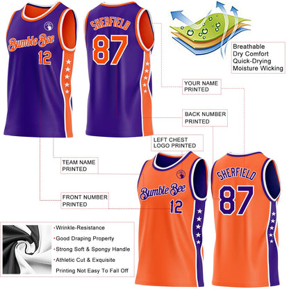 Custom Reversible Purple Orange-White Double Side Star Sublimation Basketball Set Jersey