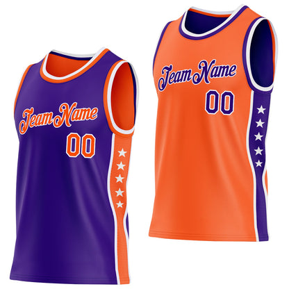 Custom Reversible Purple Orange-White Double Side Star Sublimation Basketball Set Jersey