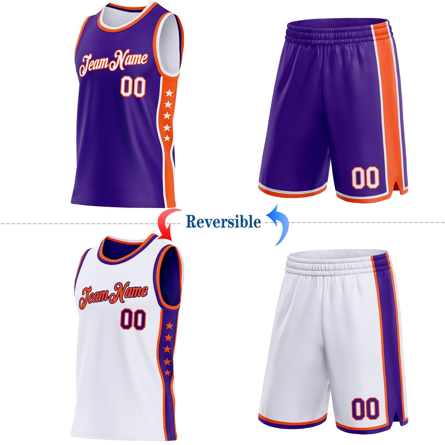 Custom Reversible Purple White-Orange Double Side Star Sublimation Basketball Set Jersey