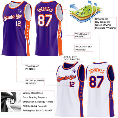 Custom Reversible Purple White-Orange Double Side Star Sublimation Basketball Set Jersey