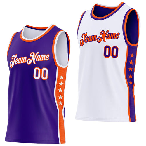 Custom Reversible Purple White-Orange Double Side Star Sublimation Basketball Set Jersey