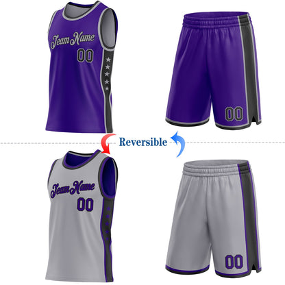 Custom Reversible Purple Black-Gray Double Side Star Sublimation Basketball Set Jersey