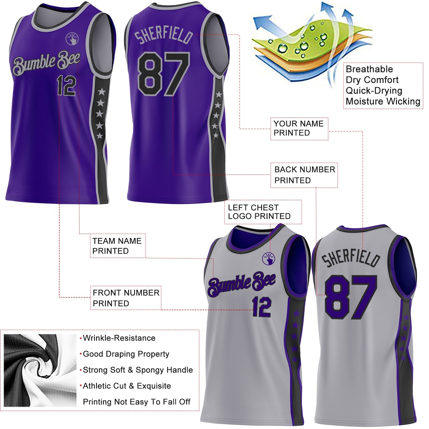 Custom Reversible Purple Black-Gray Double Side Star Sublimation Basketball Set Jersey