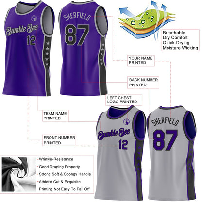 Custom Reversible Purple Black-Gray Double Side Star Sublimation Basketball Set Jersey