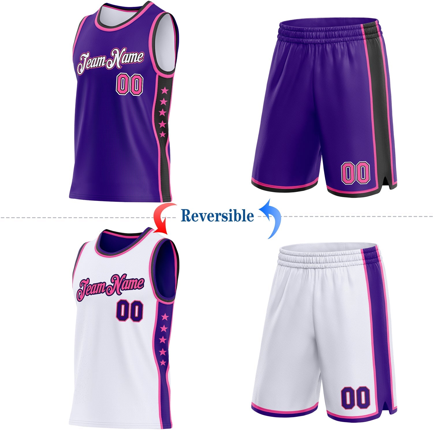 Custom Reversible Purple Pink White-Black Double Side Star Sublimation Basketball Set Jersey