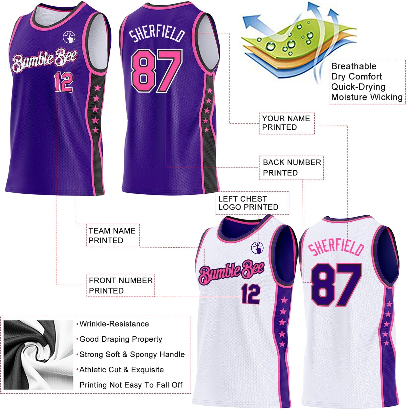Custom Reversible Purple Pink White-Black Double Side Star Sublimation Basketball Set Jersey