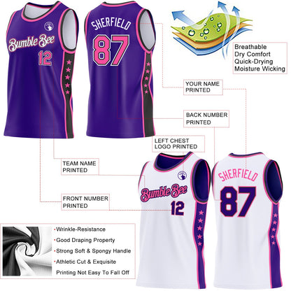 Custom Reversible Purple Pink White-Black Double Side Star Sublimation Basketball Set Jersey