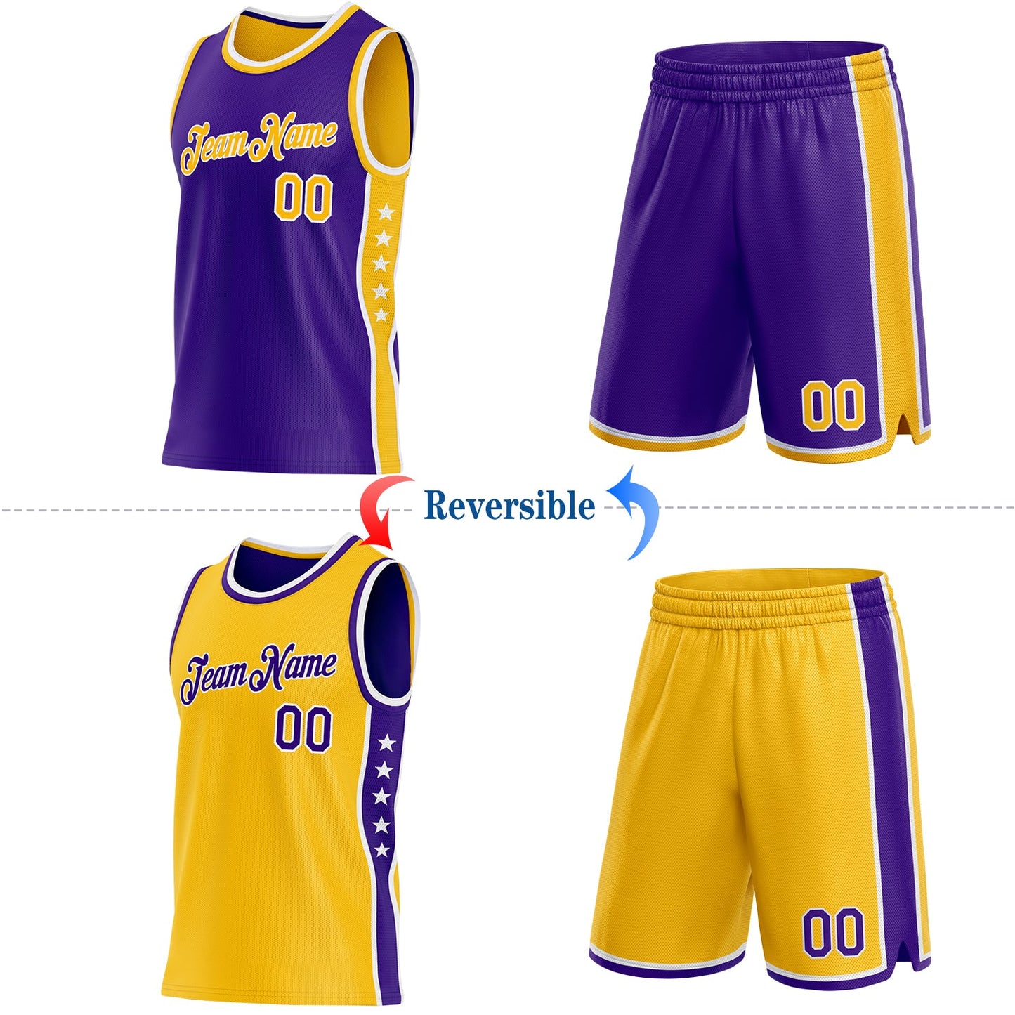 Custom Reversible Purple Gold-White Double Side Star Sublimation Basketball Set Jersey