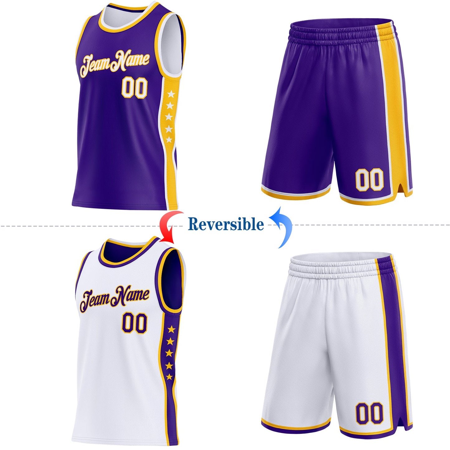 Custom Reversible Purple White-Gold Double Side Star Sublimation Basketball Set Jersey