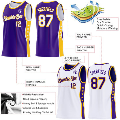 Custom Reversible Purple White-Gold Double Side Star Sublimation Basketball Set Jersey