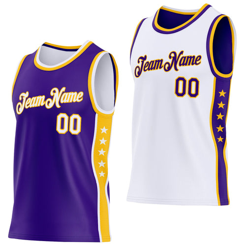 Custom Reversible Purple White-Gold Double Side Star Sublimation Basketball Set Jersey