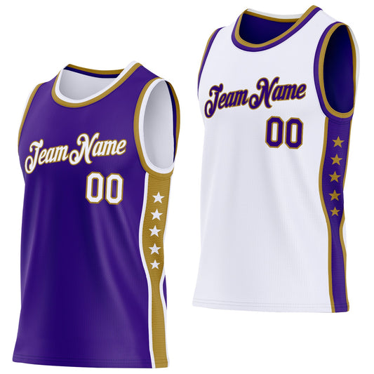 Custom Reversible Purple White-Old Gold Double Side Star Sublimation Basketball Set Jersey