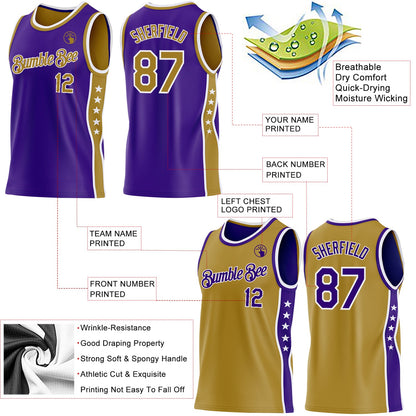 Custom Reversible Purple Old Gold-White Double Side Star Sublimation Basketball Set Jersey