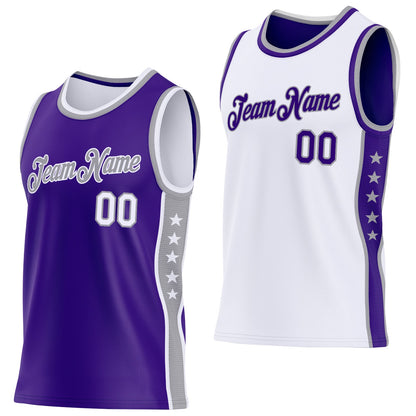 Custom Reversible Purple White-Gray Double Side Star Sublimation Basketball Set Jersey
