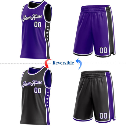 Custom Reversible Purple White-Black Double Side Star Sublimation Basketball Set Jersey