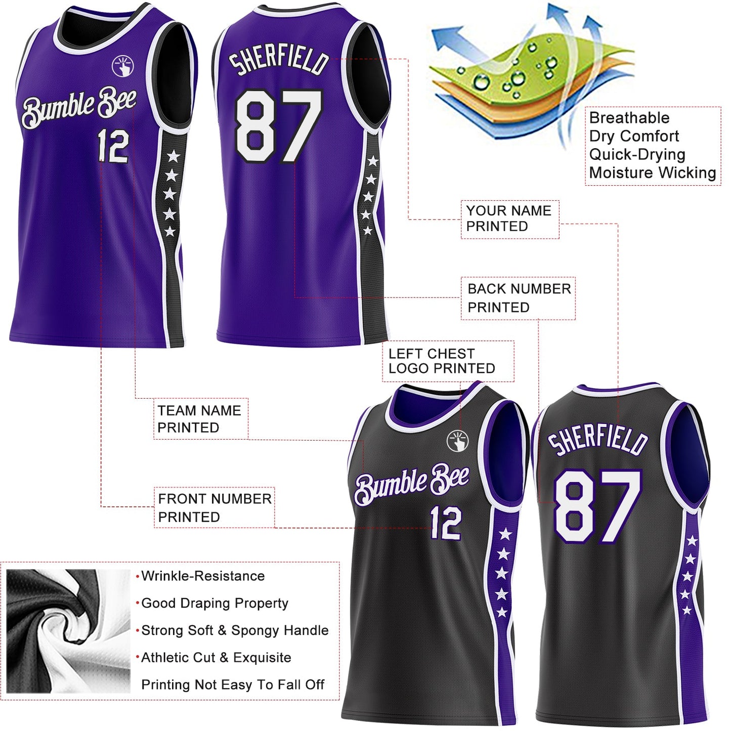 Custom Reversible Purple White-Black Double Side Star Sublimation Basketball Set Jersey