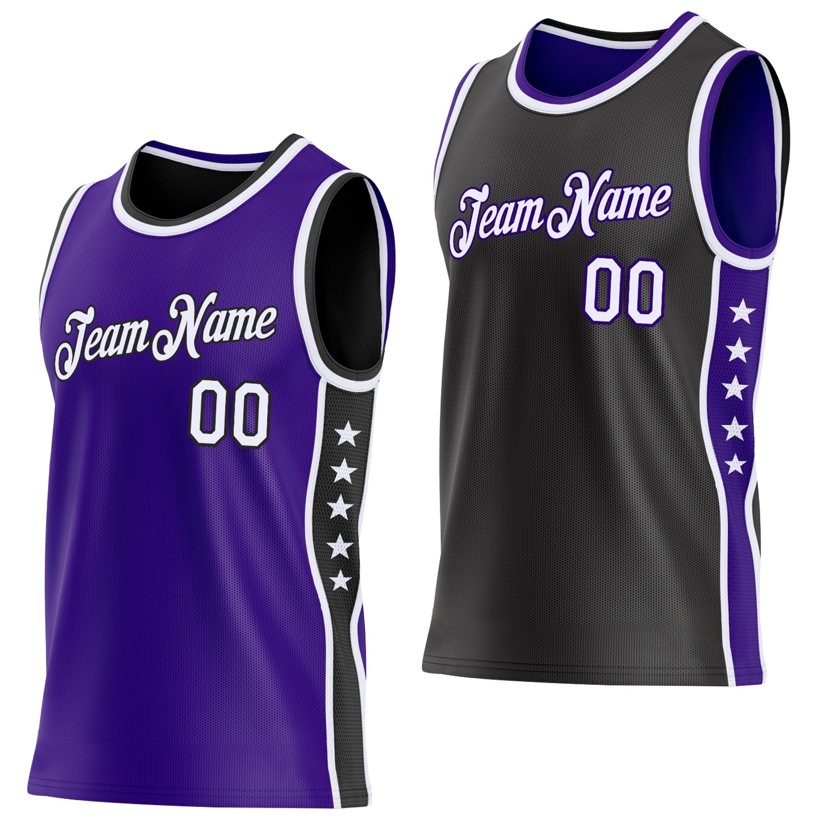 Custom Reversible Purple White-Black Double Side Star Sublimation Basketball Set Jersey