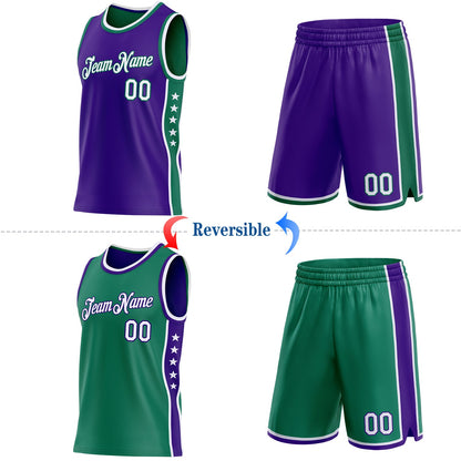 Custom Reversible Purple White-Kelly Green Double Side Star Sublimation Basketball Set Jersey