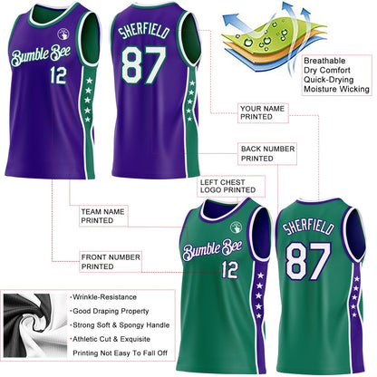 Custom Reversible Purple White-Kelly Green Double Side Star Sublimation Basketball Set Jersey