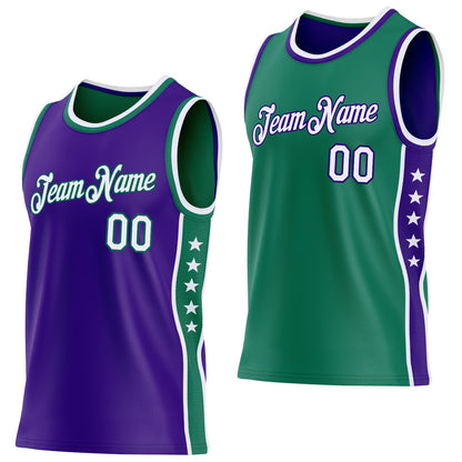Custom Reversible Purple White-Kelly Green Double Side Star Sublimation Basketball Set Jersey