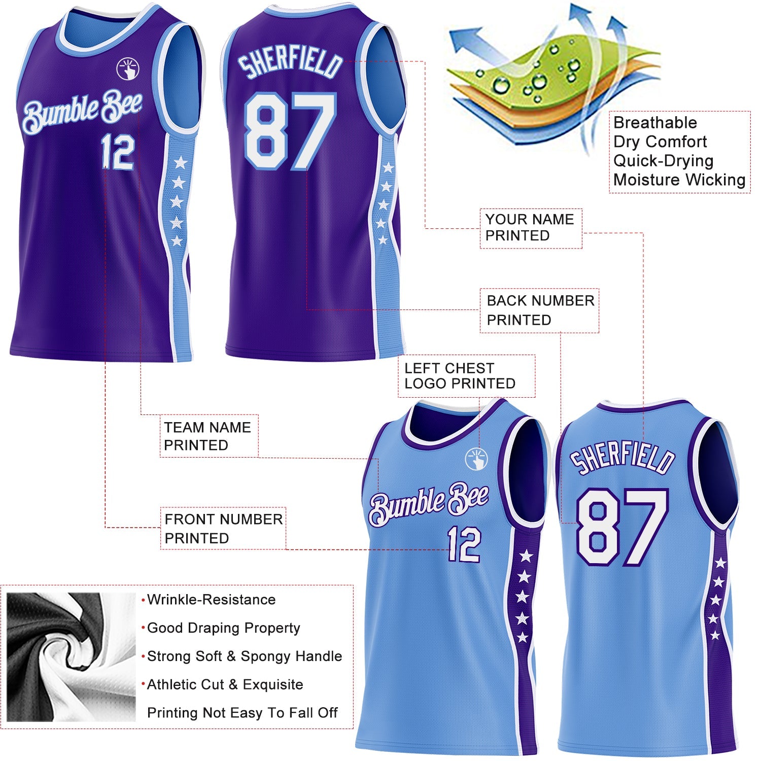 Custom Reversible Purple White-Lakes Blue Double Side Star Sublimation Basketball Set Jersey