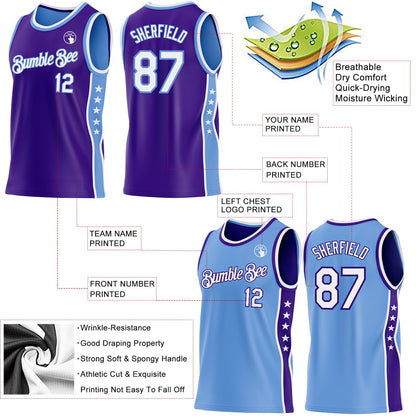 Custom Reversible Purple White-Lakes Blue Double Side Star Sublimation Basketball Set Jersey