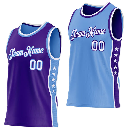 Custom Reversible Purple White-Lakes Blue Double Side Star Sublimation Basketball Set Jersey