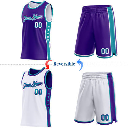 Custom Reversible Purple White-Teal Double Side Star Sublimation Basketball Set Jersey