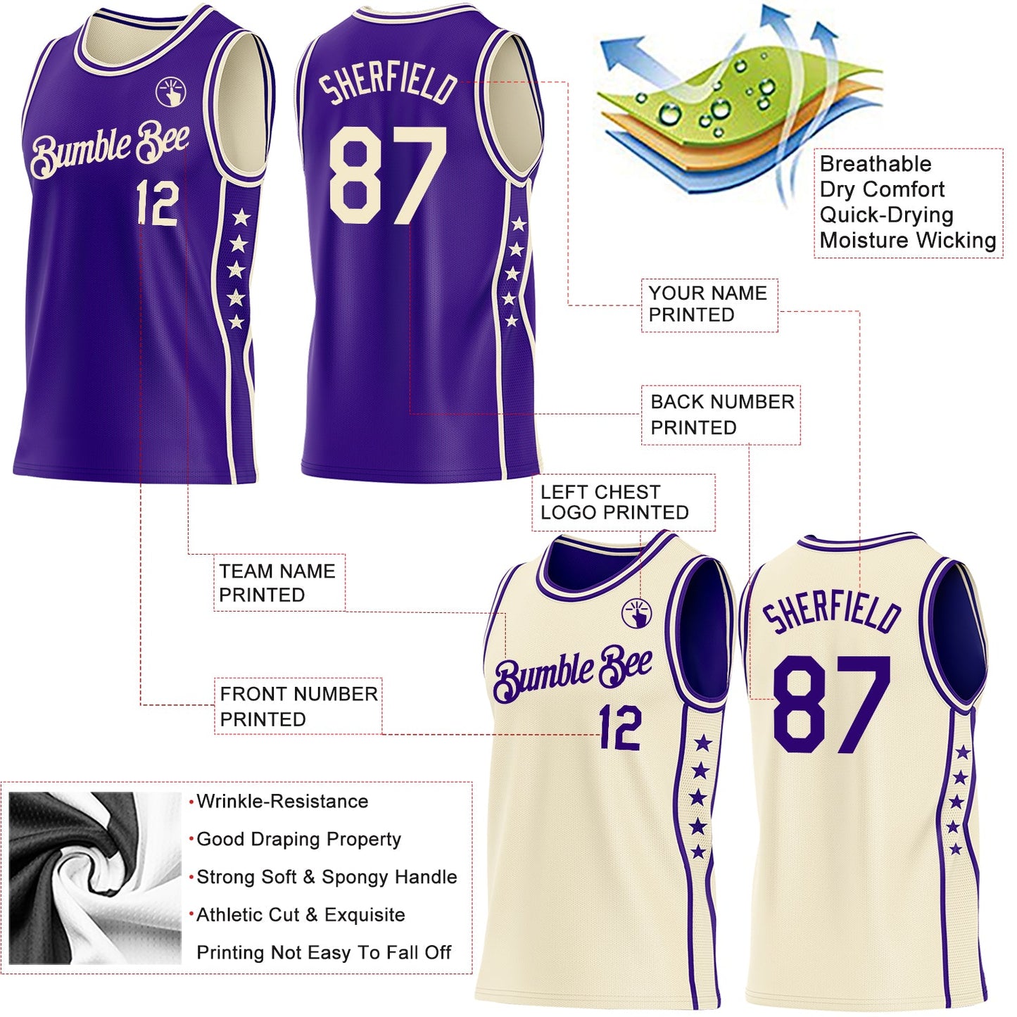 Custom Reversible Purple Cream Double Side Star Sublimation Basketball Set Jersey