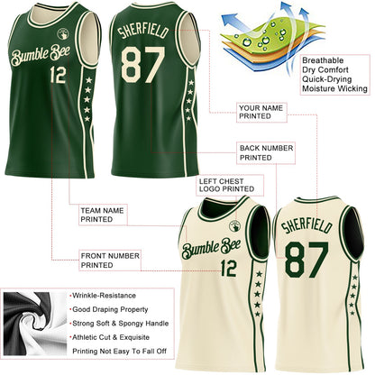 Custom Reversible Green Cream Double Side Star Sublimation Basketball Set Jersey