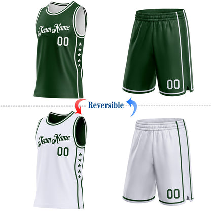 Custom Reversible Green White Double Side Star Sublimation Basketball Set Jersey