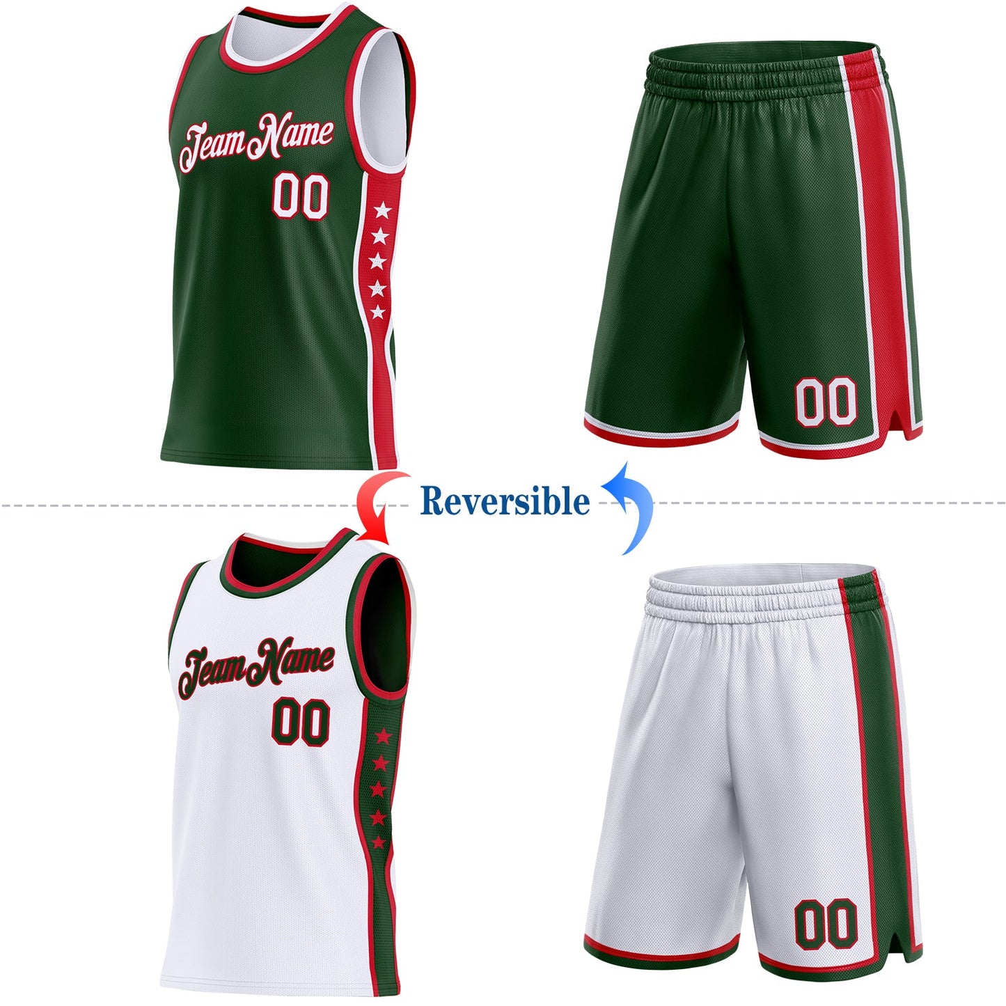 Custom Reversible Green White-Red Double Side Star Sublimation Basketball Set Jersey