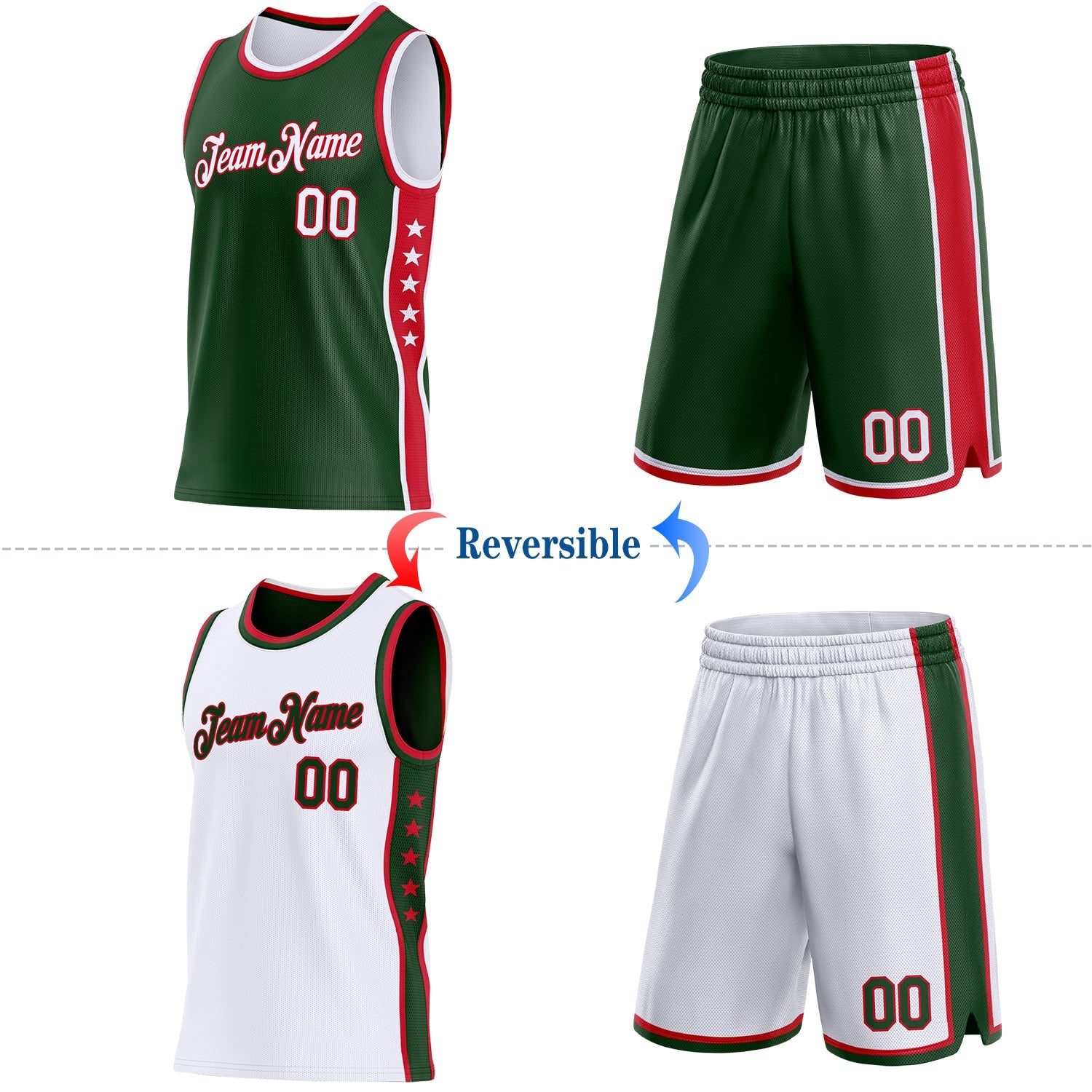 Custom Reversible Green White-Red Double Side Star Sublimation Basketball Set Jersey