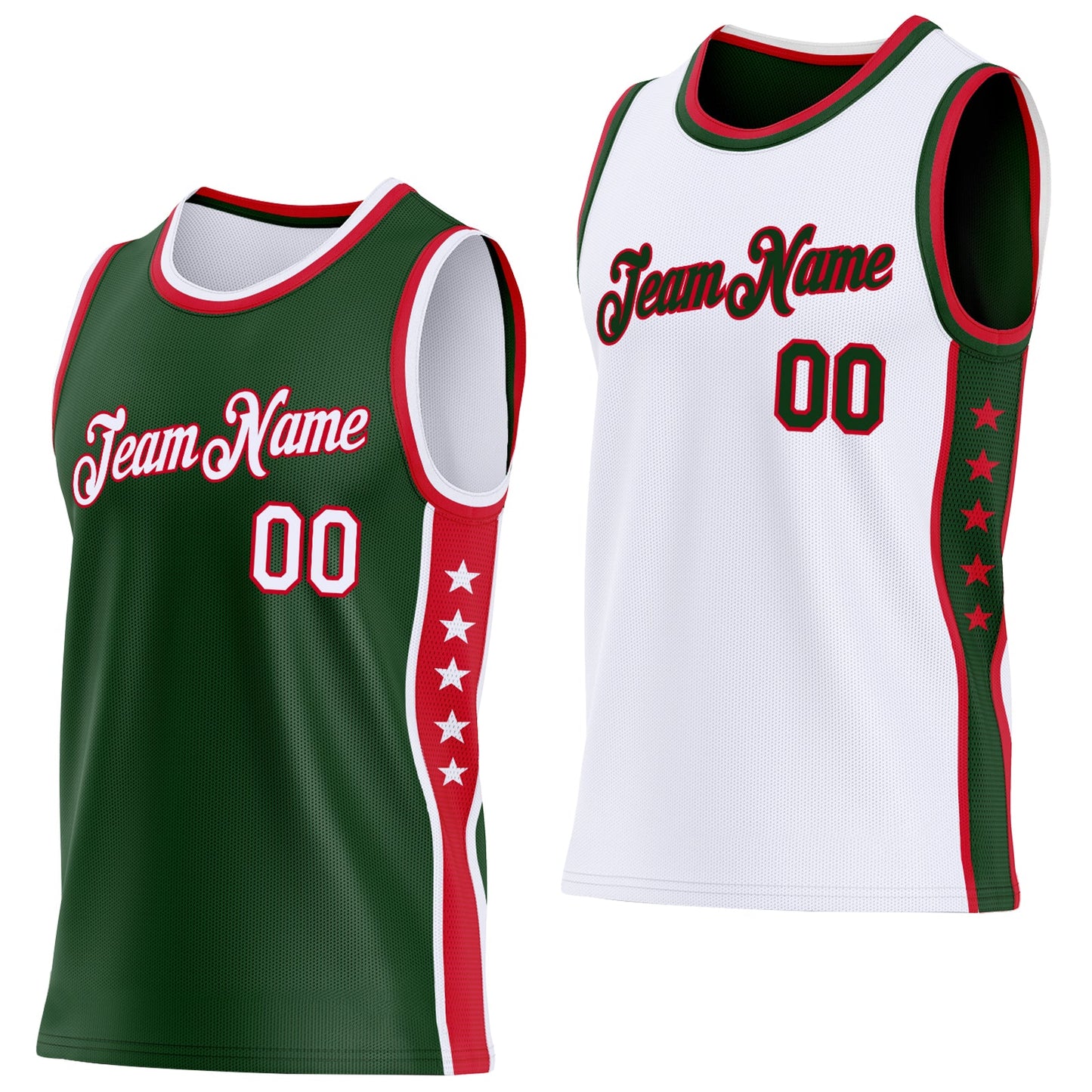 Custom Reversible Green White-Red Double Side Star Sublimation Basketball Set Jersey