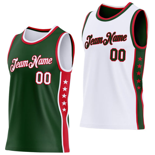 Custom Reversible Green White-Red Double Side Star Sublimation Basketball Set Jersey