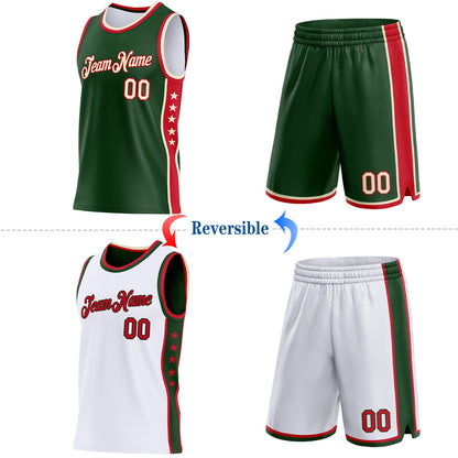 Custom Reversible Green Cream-Red Double Side Star Sublimation Basketball Set Jersey