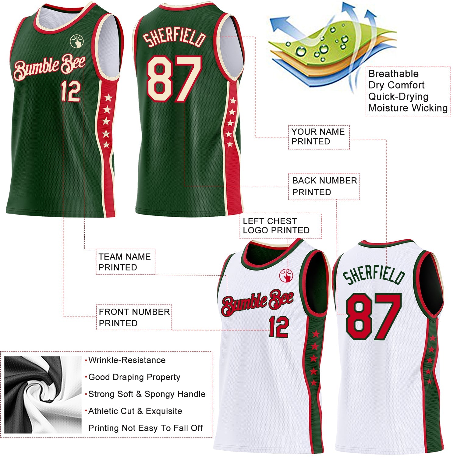 Custom Reversible Green Cream-Red Double Side Star Sublimation Basketball Set Jersey