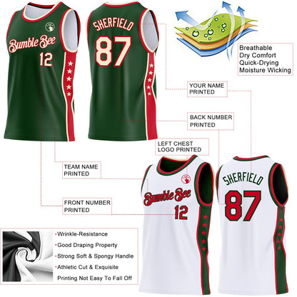 Custom Reversible Green Cream-Red Double Side Star Sublimation Basketball Set Jersey