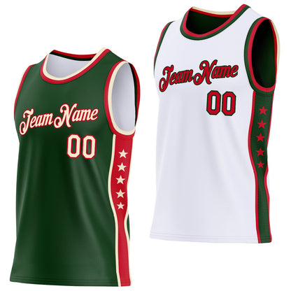 Custom Reversible Green Cream-Red Double Side Star Sublimation Basketball Set Jersey