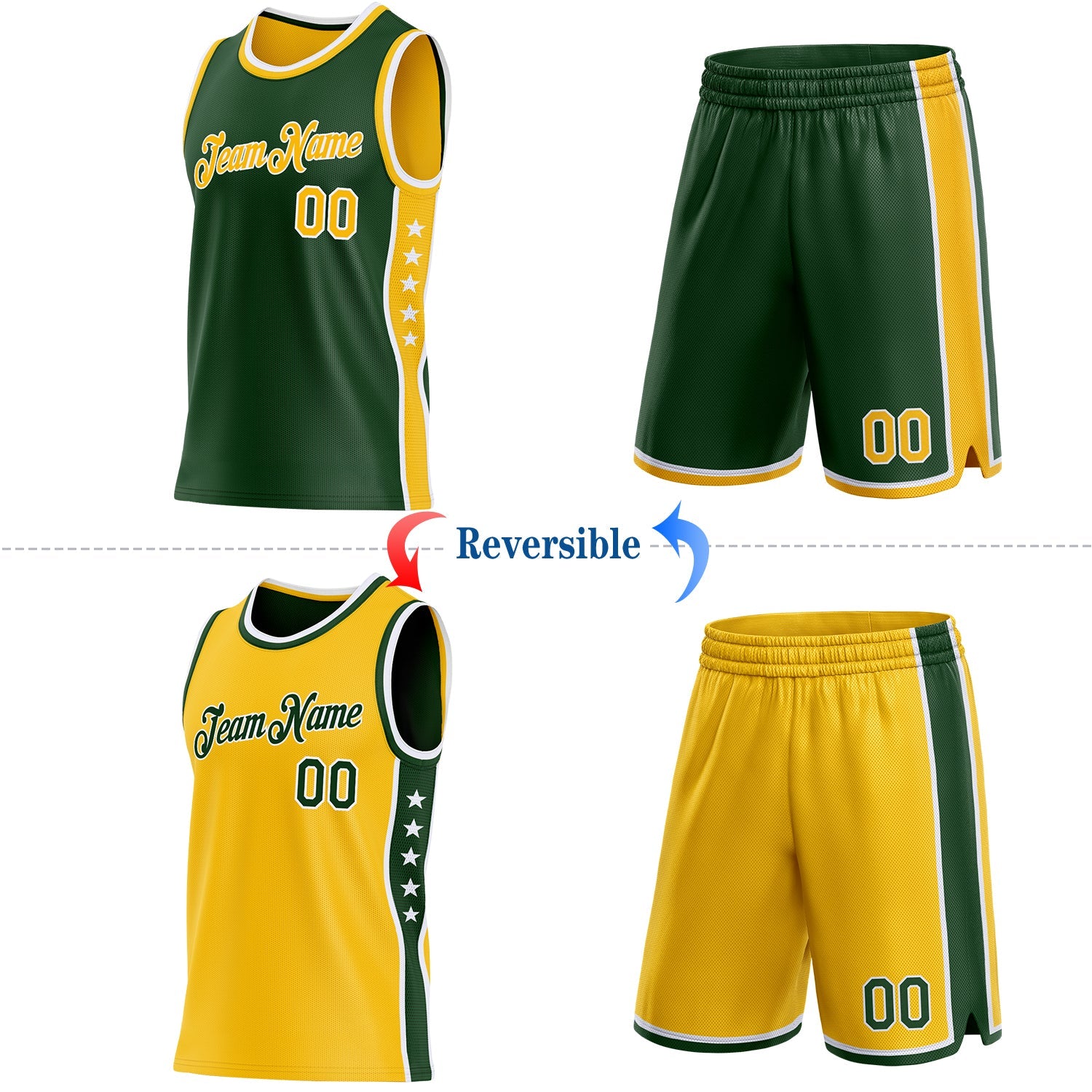 Custom Reversible Green Gold-White Double Side Star Sublimation Basketball Set Jersey