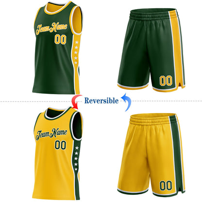 Custom Reversible Green Gold-White Double Side Star Sublimation Basketball Set Jersey