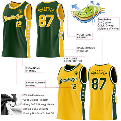 Custom Reversible Green Gold-White Double Side Star Sublimation Basketball Set Jersey