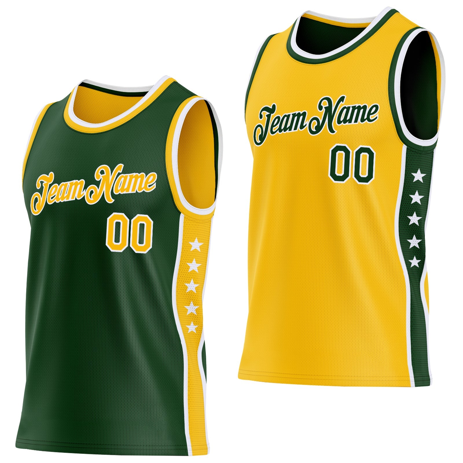 Custom Reversible Green Gold-White Double Side Star Sublimation Basketball Set Jersey