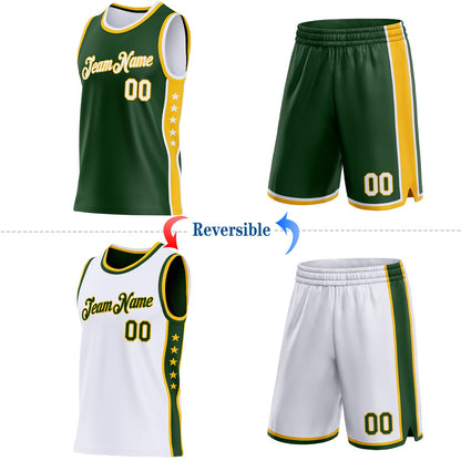 Custom Reversible Green White-Gold Double Side Star Sublimation Basketball Set Jersey