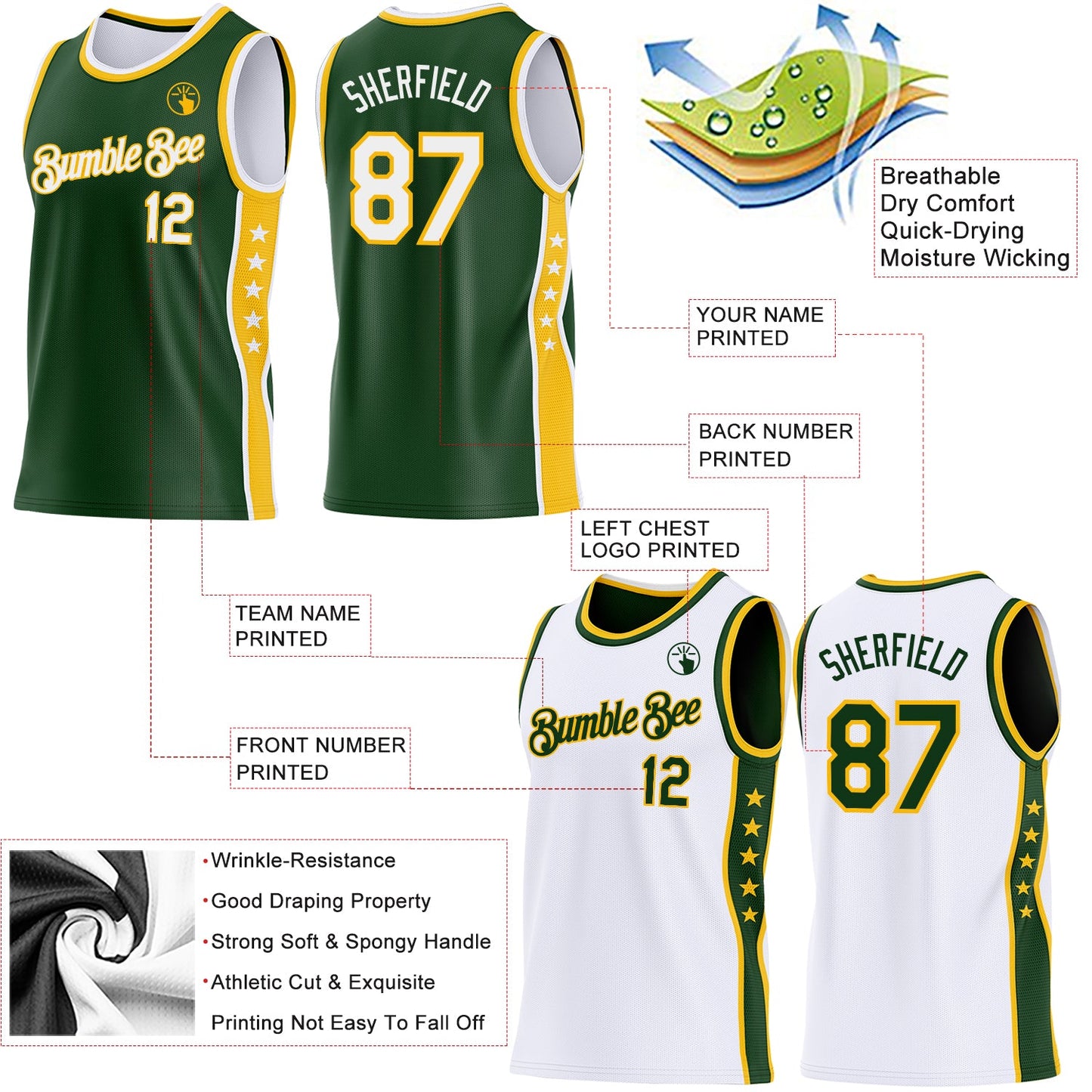 Custom Reversible Green White-Gold Double Side Star Sublimation Basketball Set Jersey